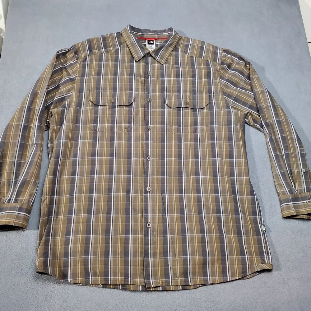 The North Face Button-Up Mens XL Brown Excellent Plaid Hiking Long Sleeve Shirt